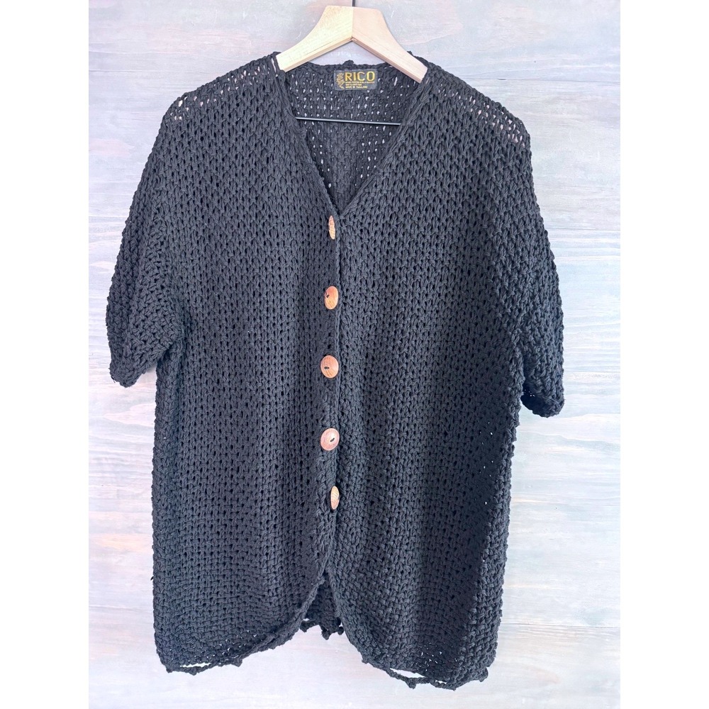 Vintage Rico Hand Knit Crochet Sweater Cardigan‎ Black Cotton